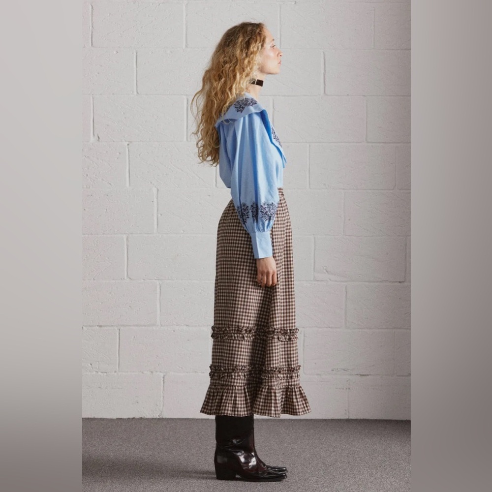 DAMSON MADDER Rina Ruffle Skirt in Chocolate Check UK 12 / US 8 - Picture 2 of 16